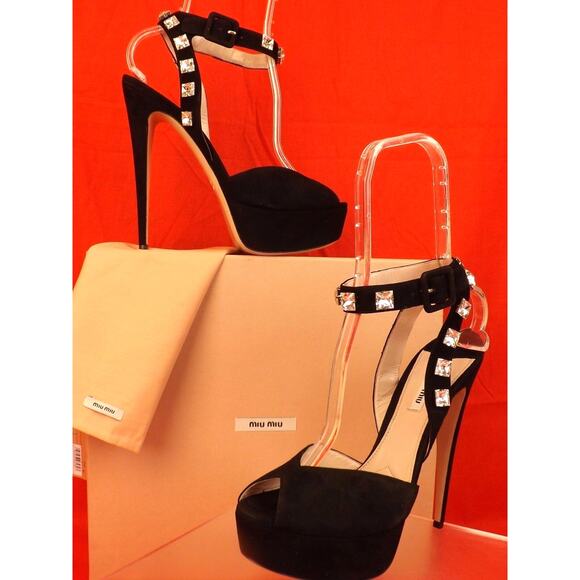 NIB MIU MIU PRADA BLACK SUEDE CRYSTALS JEWELED ANKLE STRAP PLATFORM PUMPS 40 - Picture 2 of 11